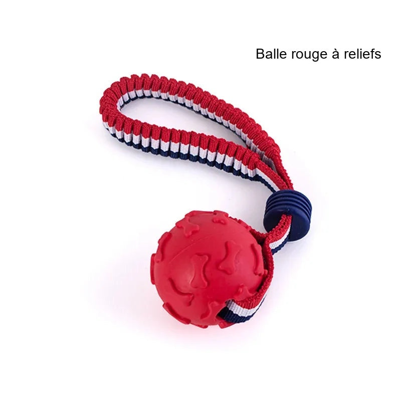 Jouet corde rouge avec balle à reliefs