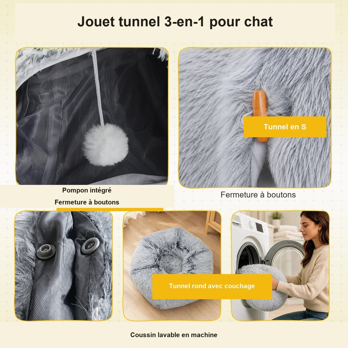 Tunnel 3-en-1 pour chat avec pompon et coussin