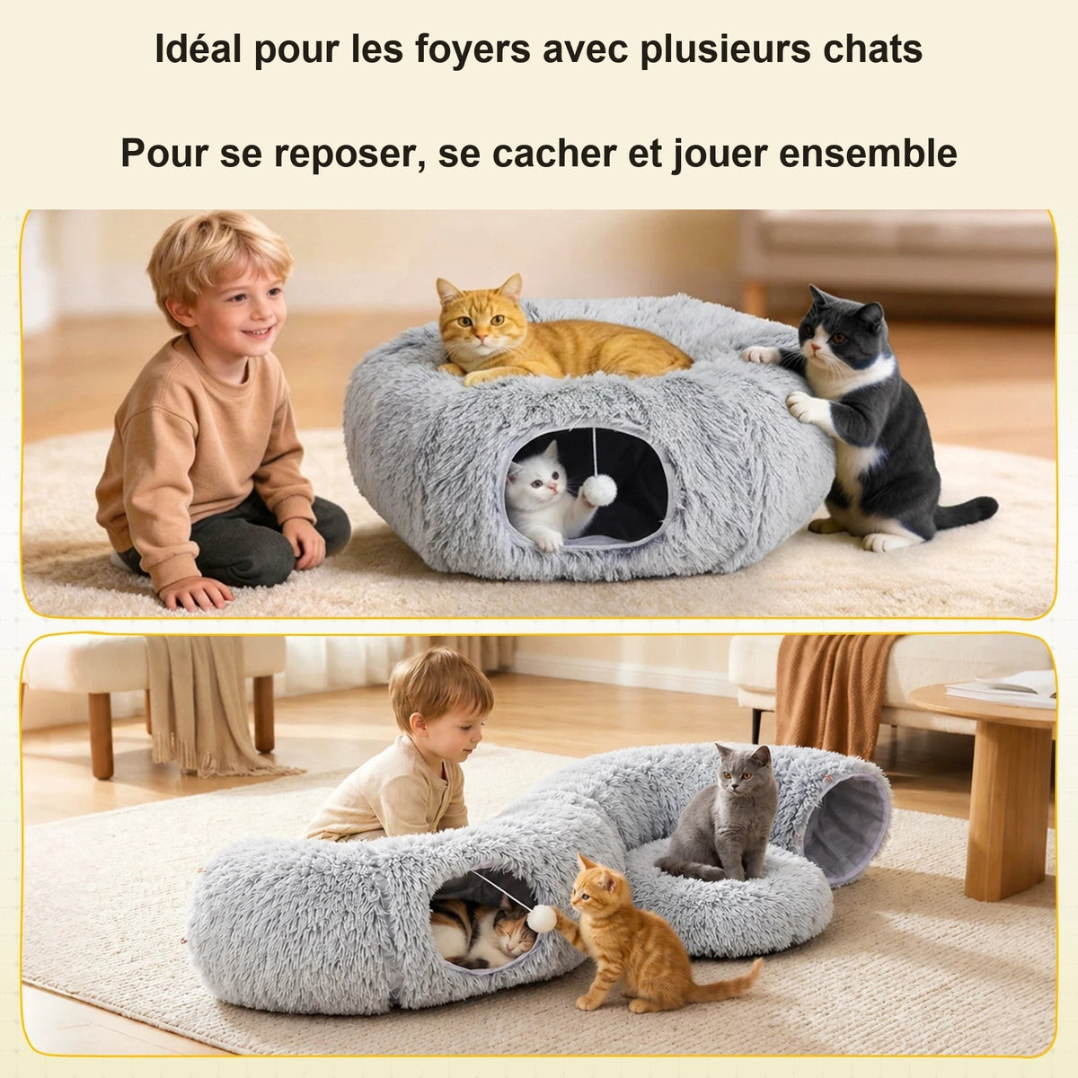Tunnel et couchage pour plusieurs chats