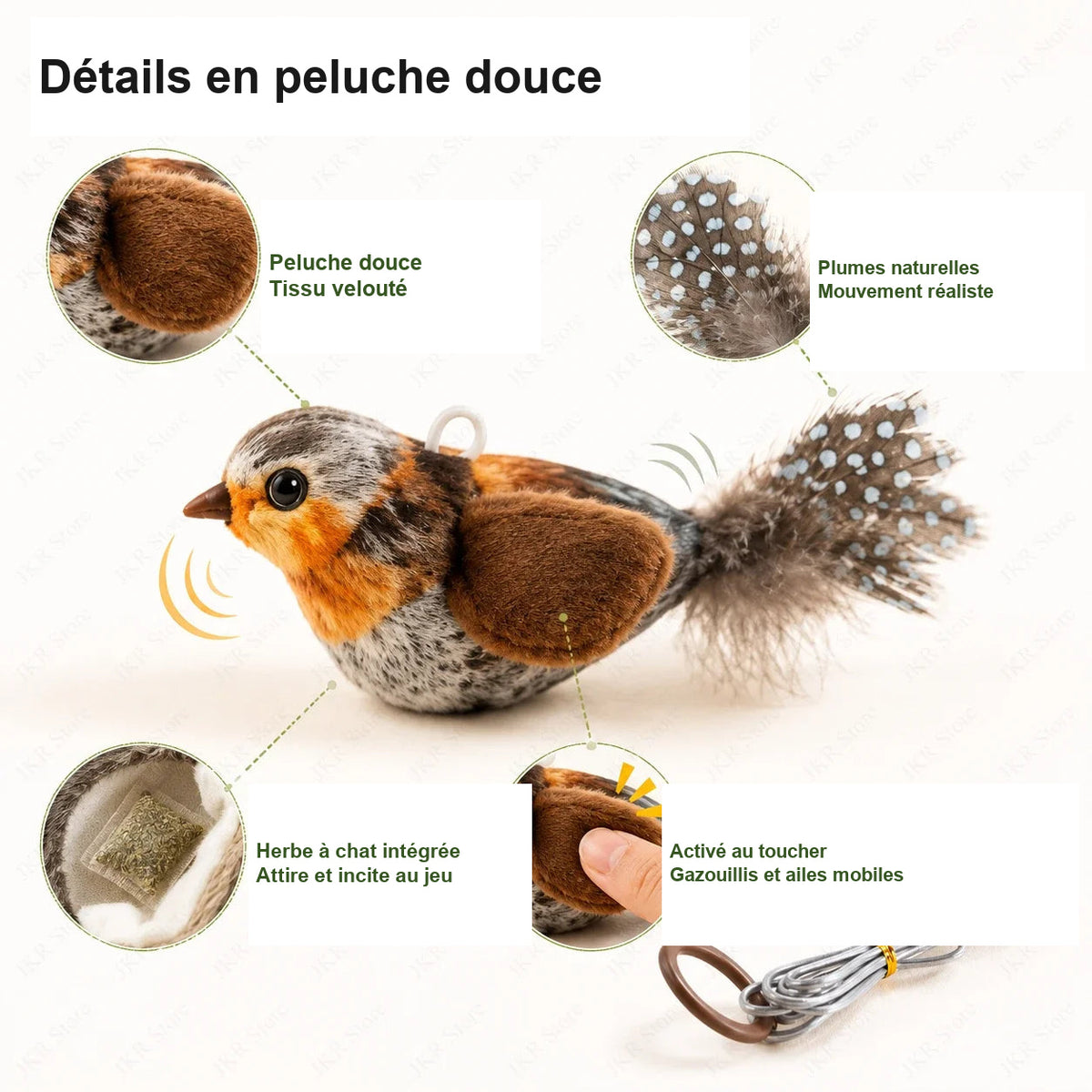 Détails du jouet oiseau en peluche pour chat