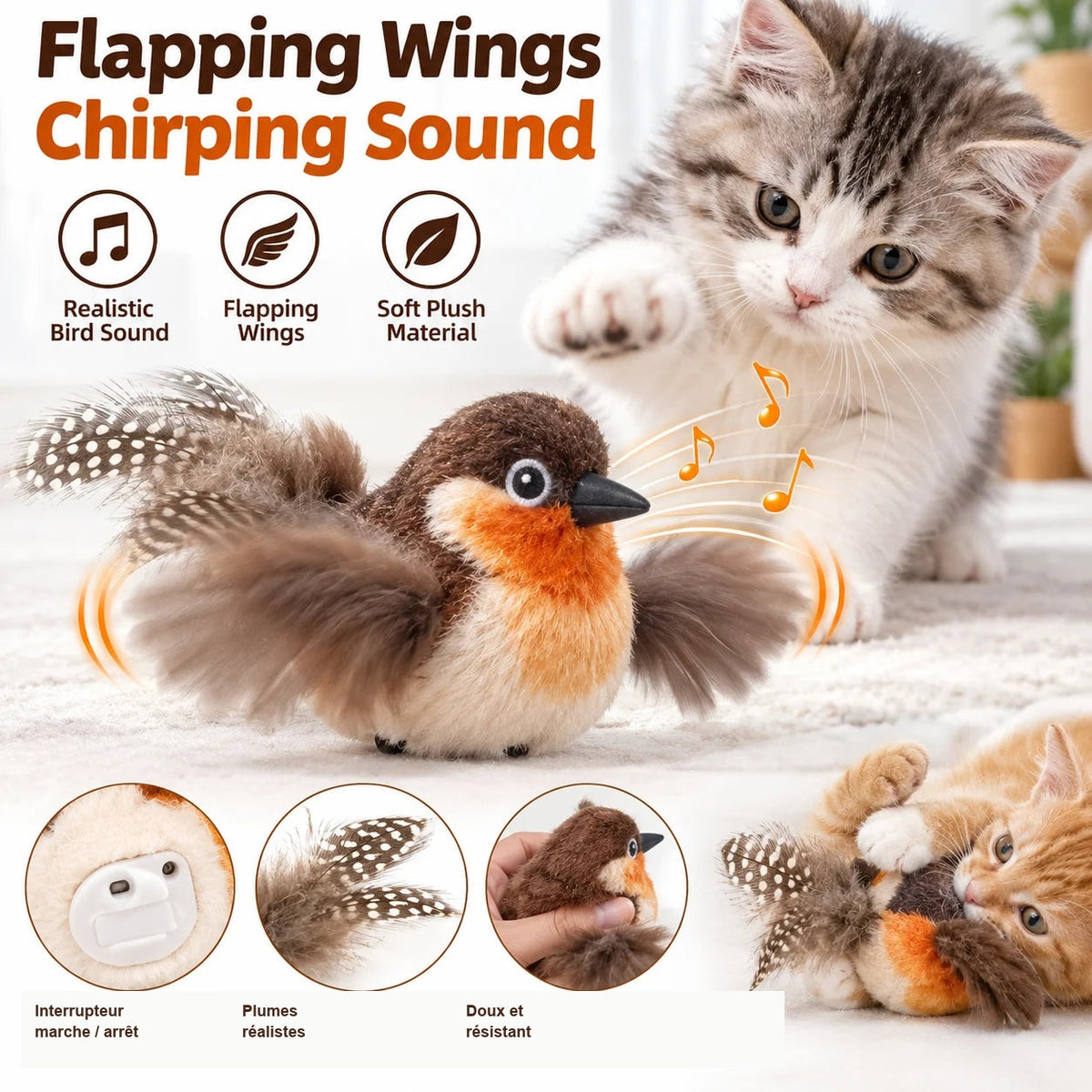 Jouet oiseau pour chat, caractéristiques en français