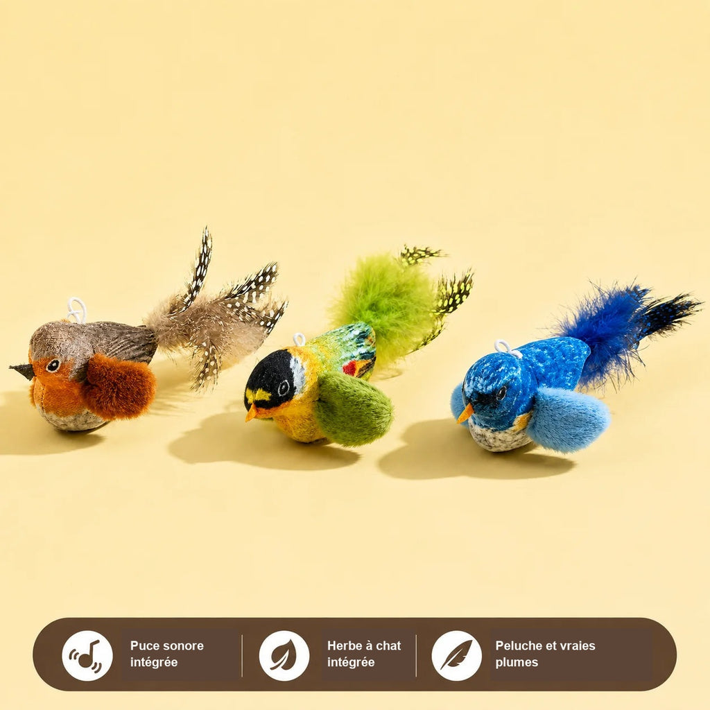 Trois couleurs de jouets oiseaux pour chat, caractéristiques en français