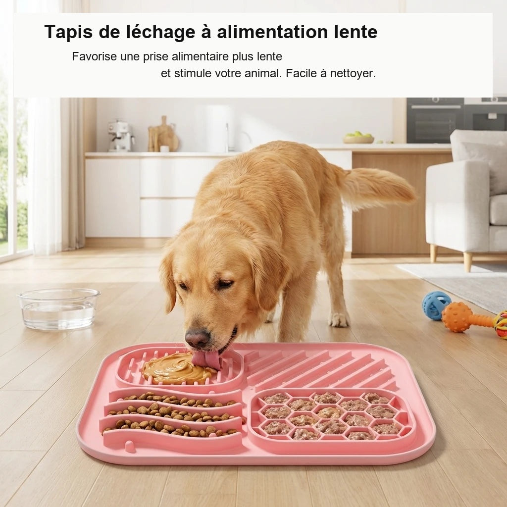 Tapis de léchage à alimentation lente, texte en français