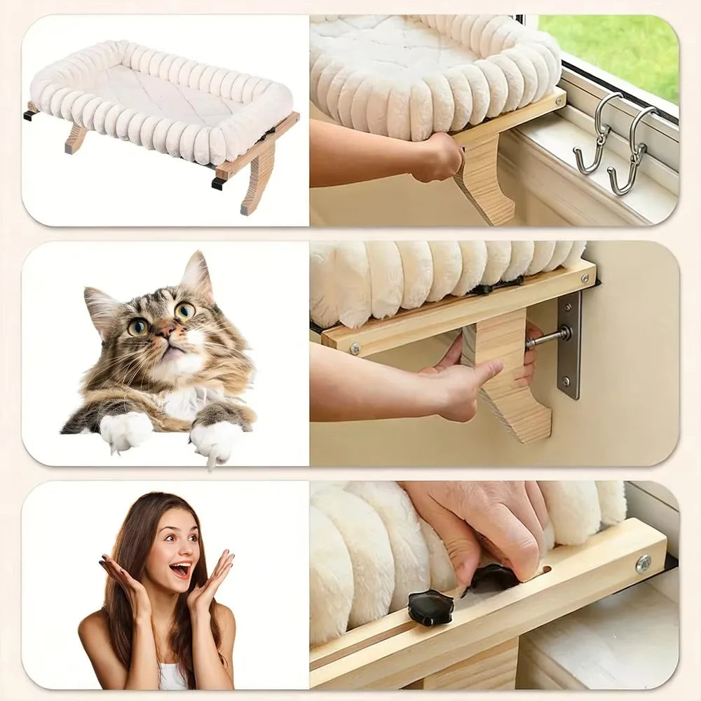 Hamac de fenêtre en bois pour chat – Housse lavable