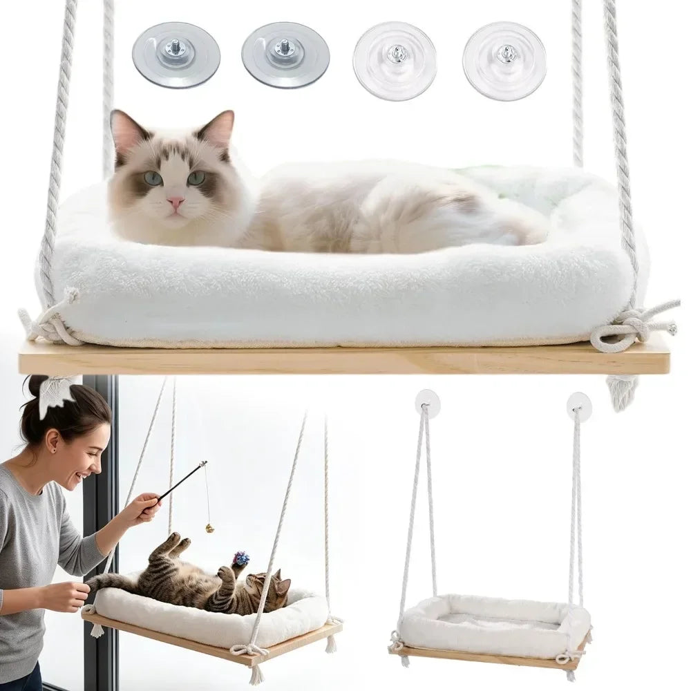 Hamac de fenêtre en bois pour chat – Coussin