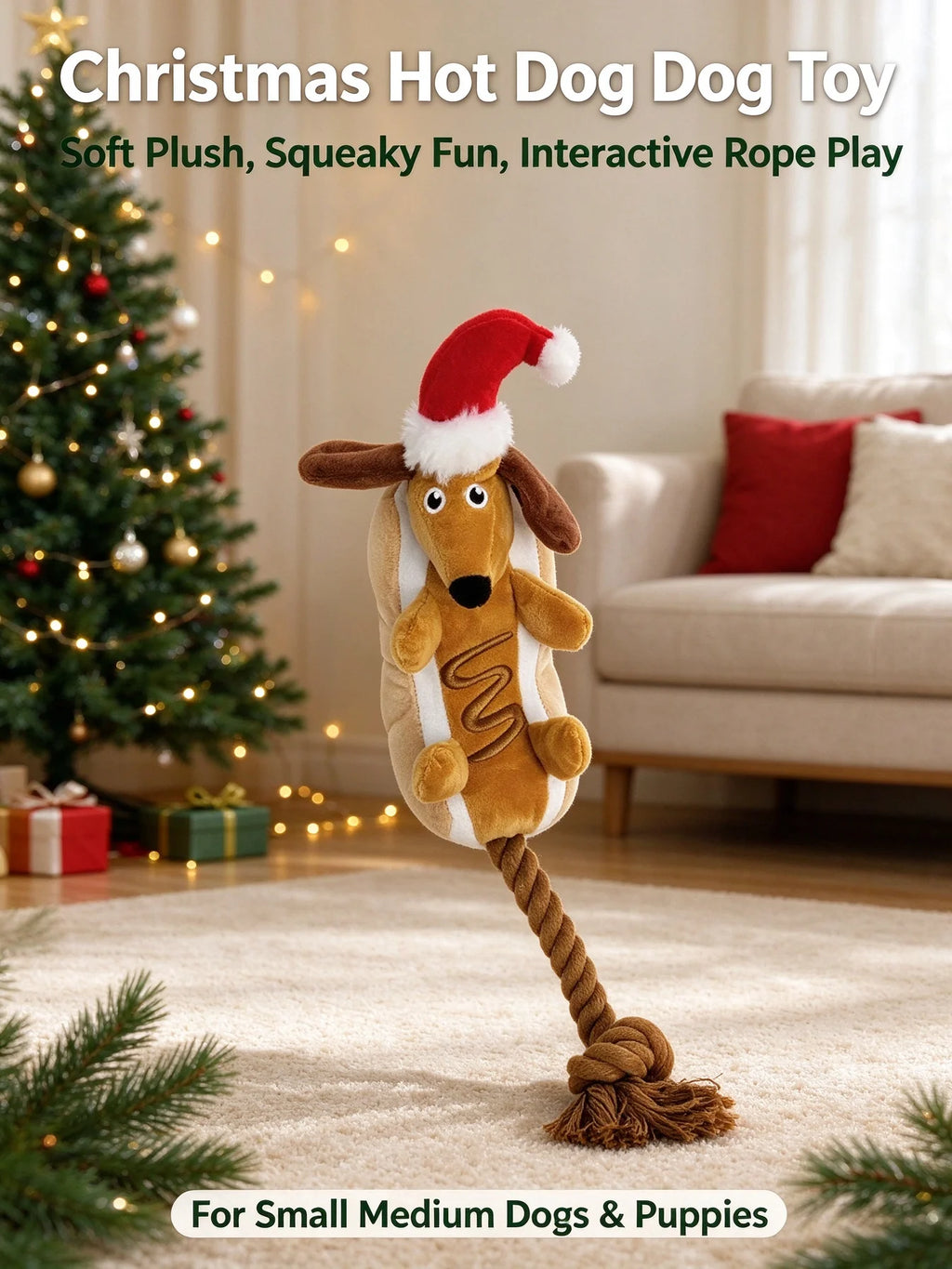 Jouet teckel de Noël pour chien – Peluche et corde