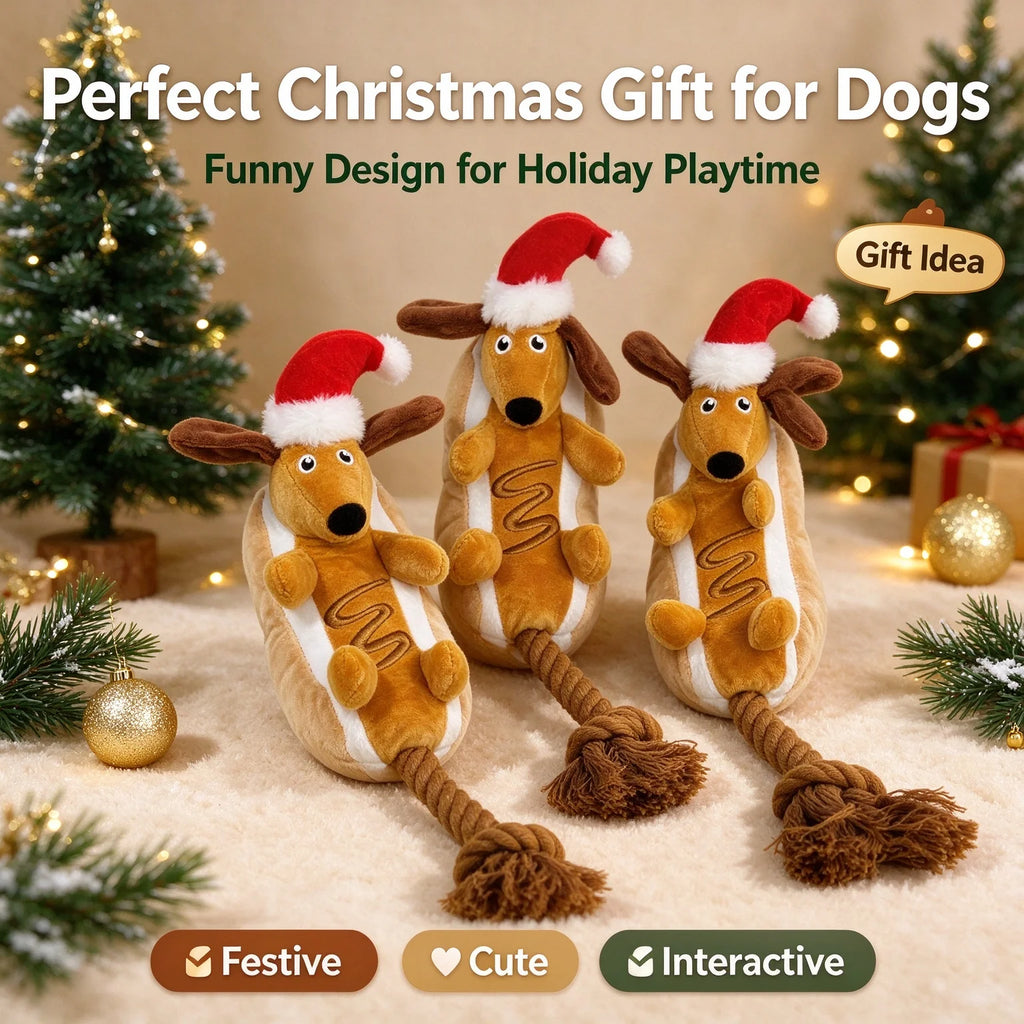 Jouet teckel de Noël pour chien – Peluche et corde