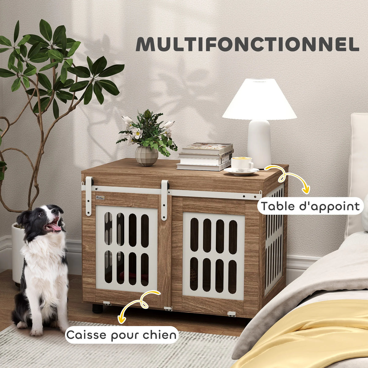 Cage meuble PawHut pour chien – Porte coulissante