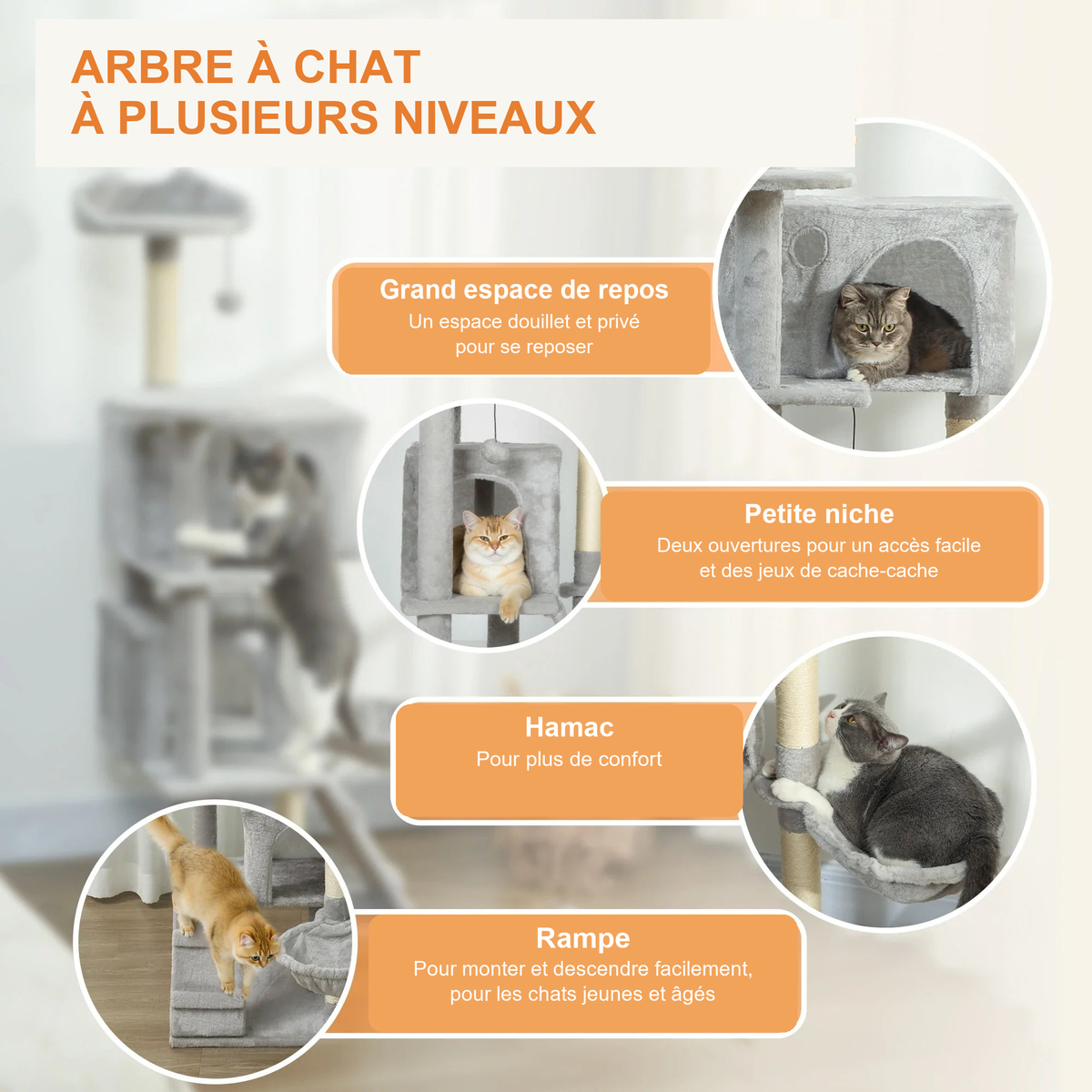 Arbre à chat 140 cm : niches, hamac et rampe, texte en français