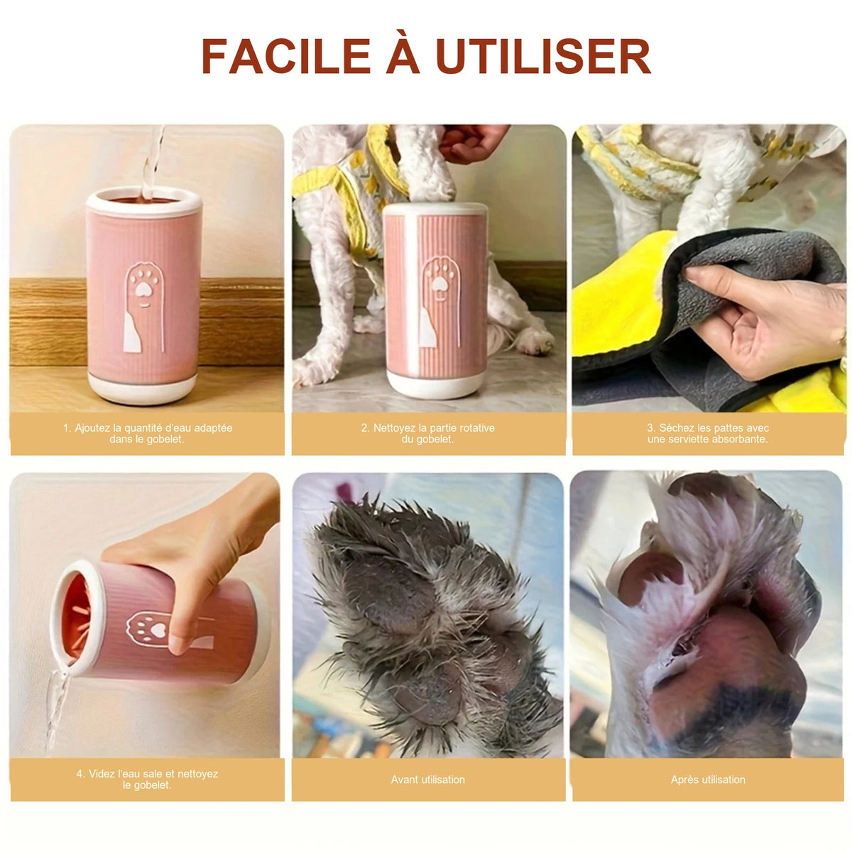 Étapes d’utilisation du gobelet lave-pattes
