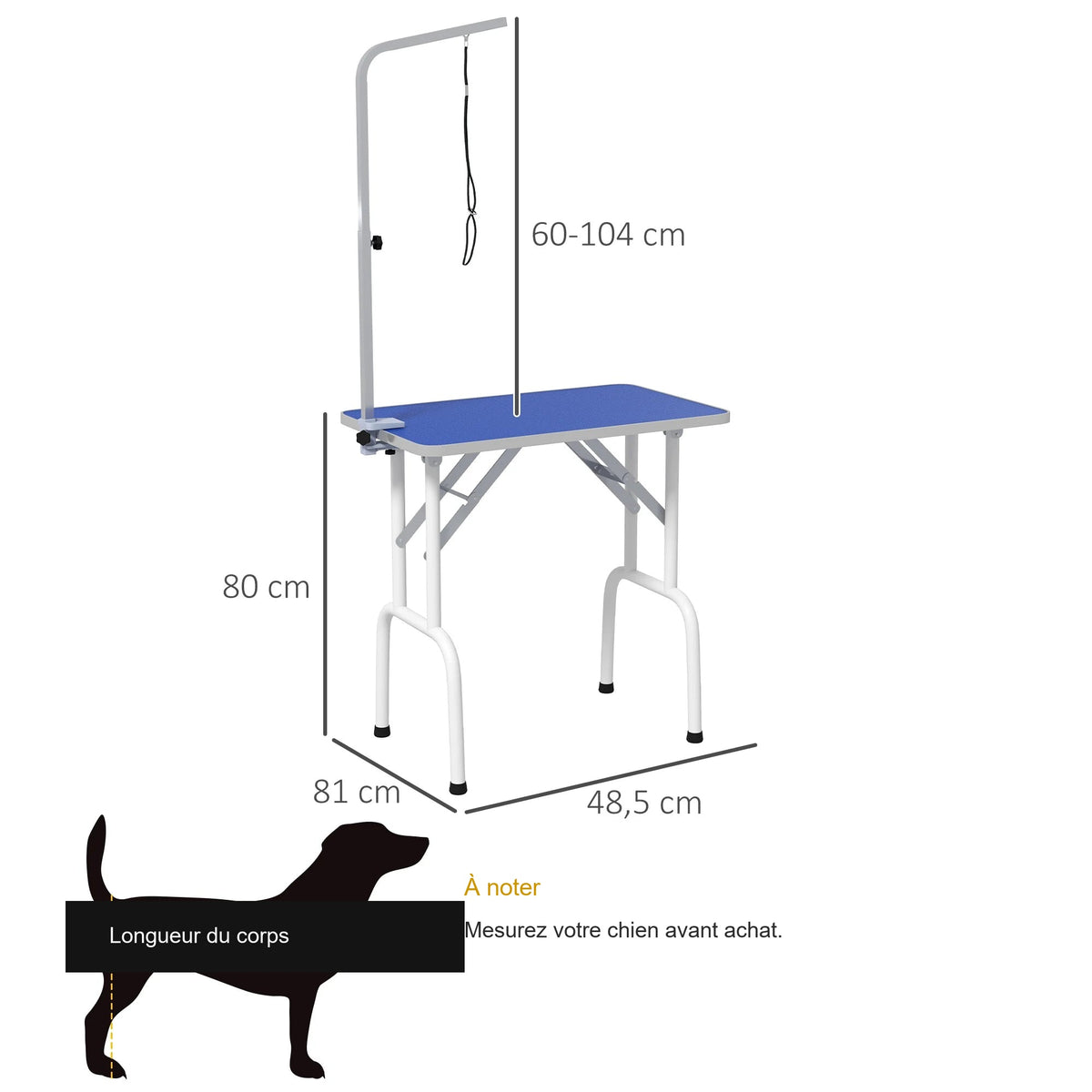 Dimensions de la table de toilettage, mesurez votre chien avant achat