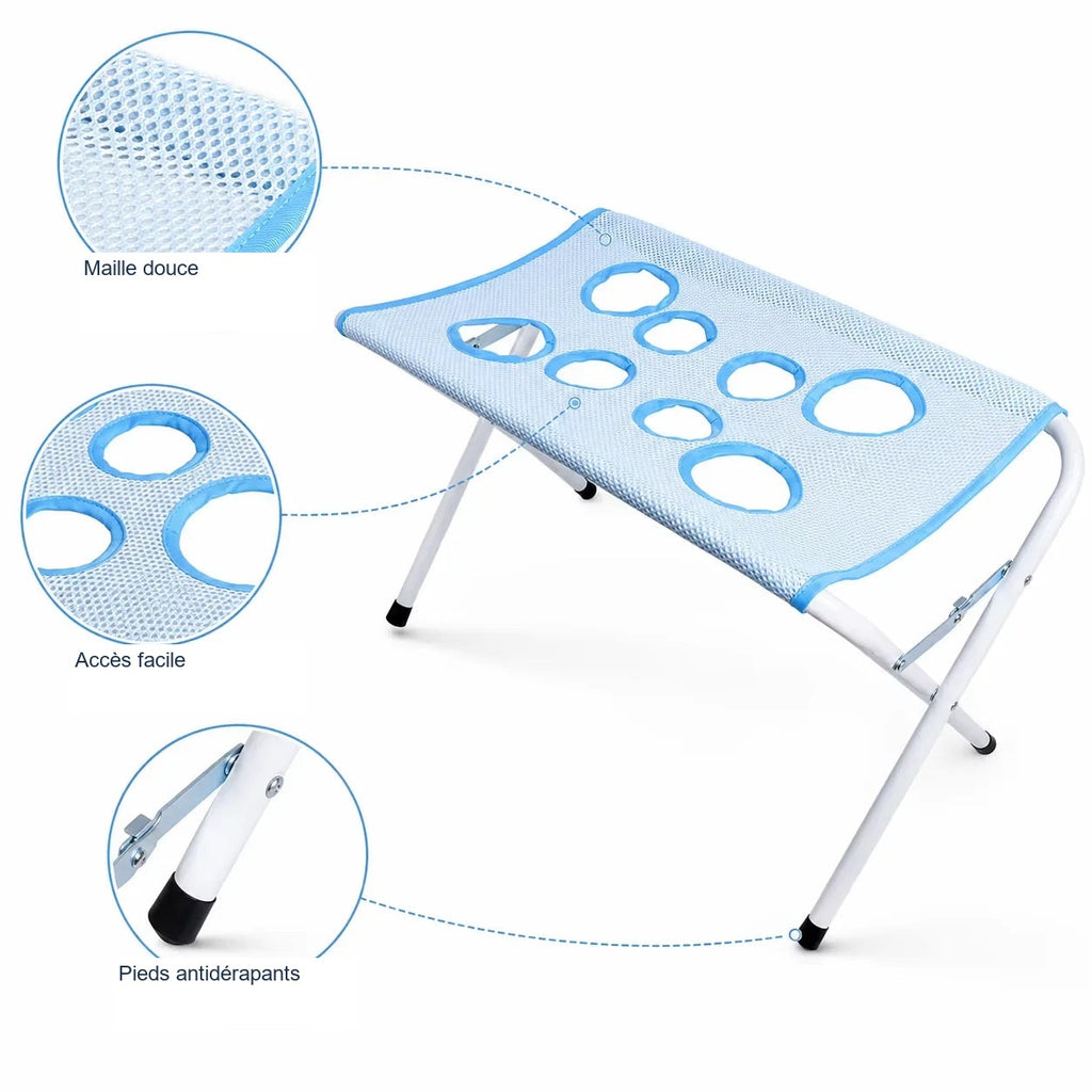 Table avec maille douce, accès facile et pieds antidérapants