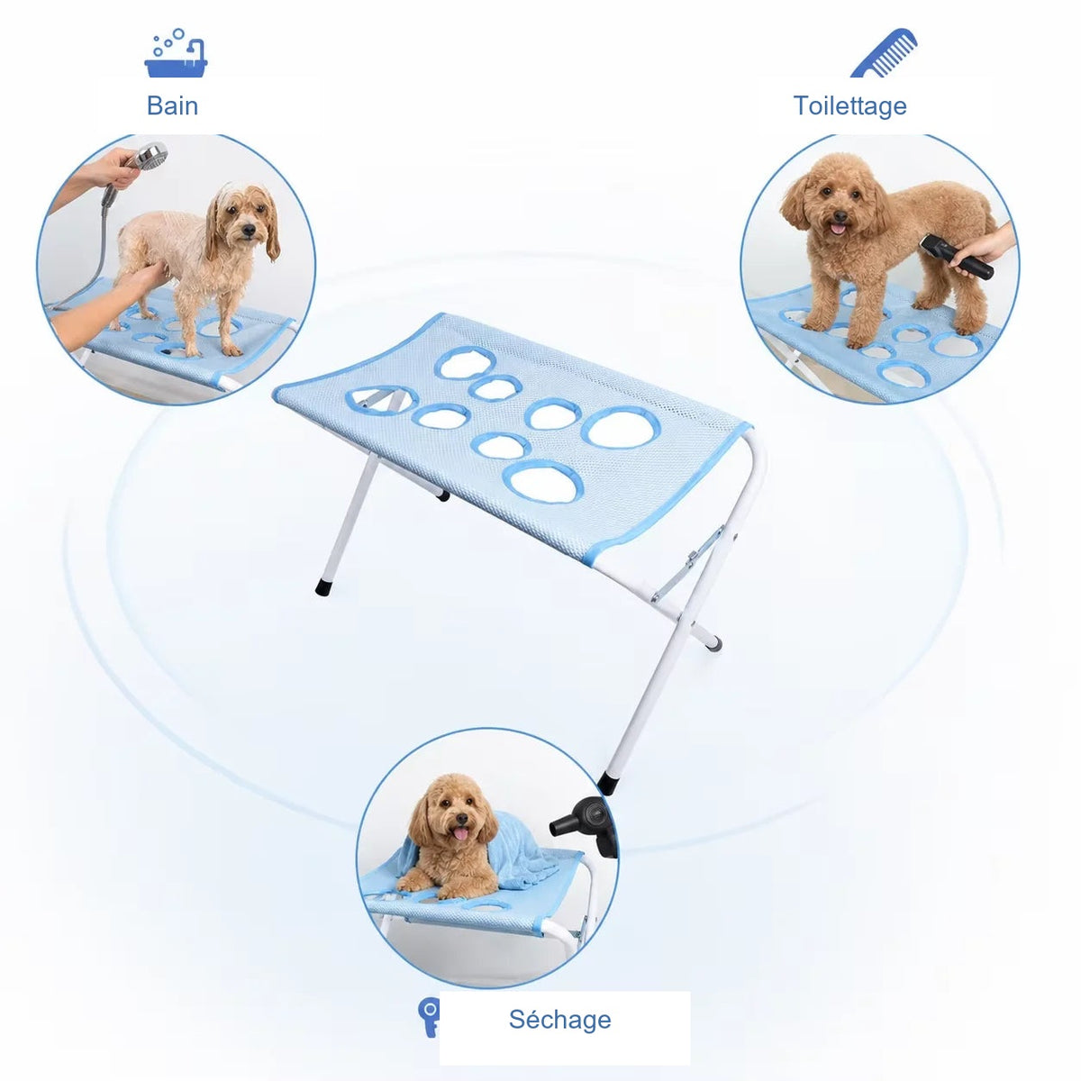 Table de toilettage pour bain, toilettage et séchage