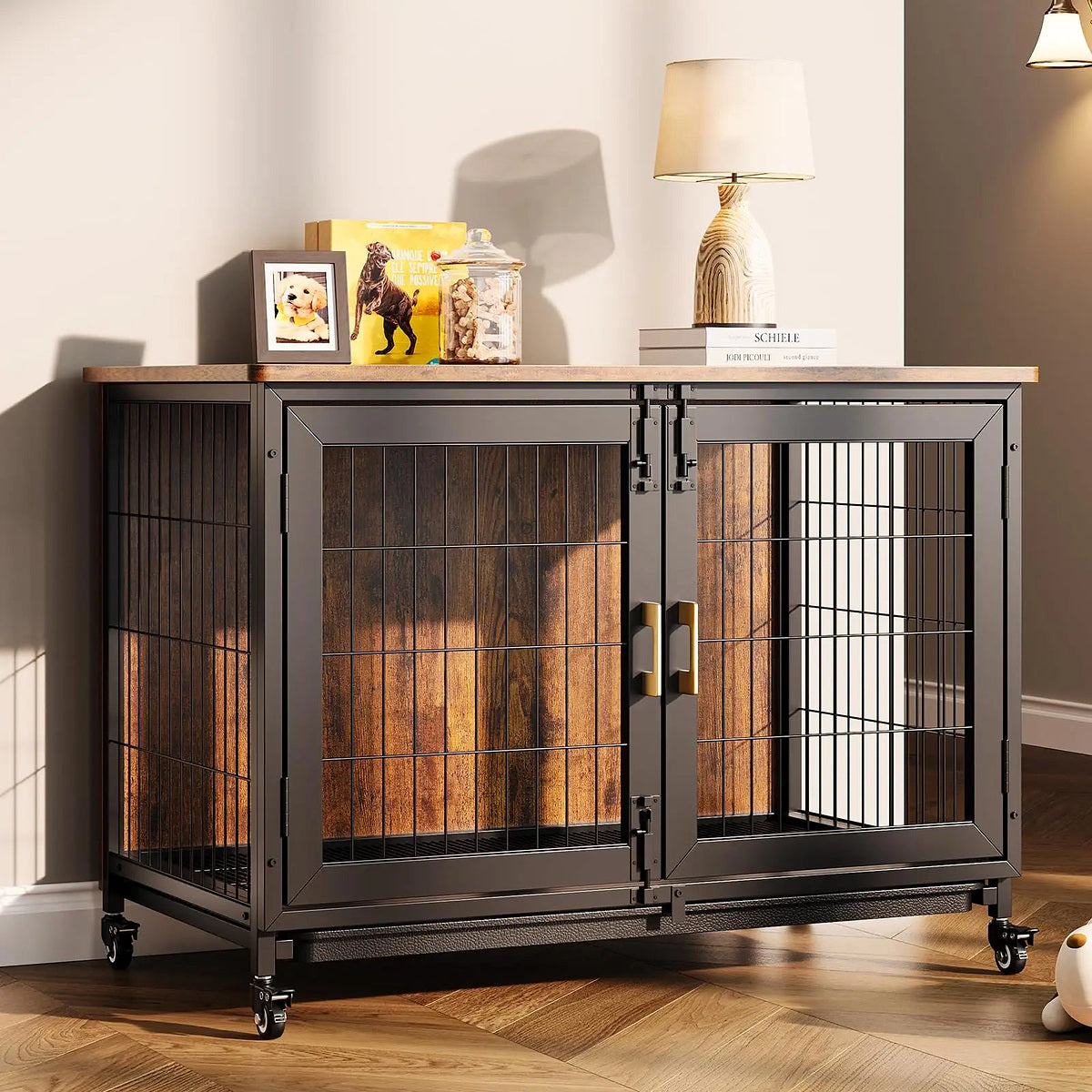 Cage pour grand chien façon meuble avec roulettes